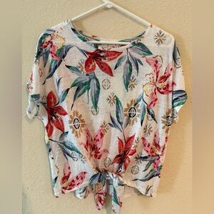 Chico's Floral Tie Front Blouse, Short Sleeve, White Red Green Yellow, Size 0 S